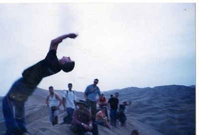 Leif doing a back flip...showing off somewhere in China, I can't remember where